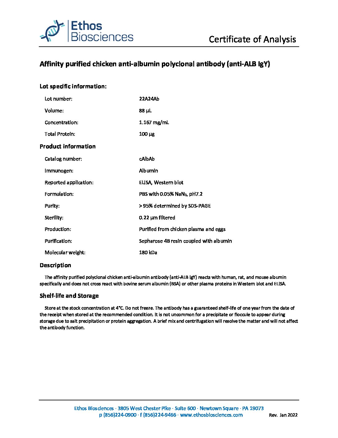 Anti ALB IgY lot 22A24Ab CoA pdf